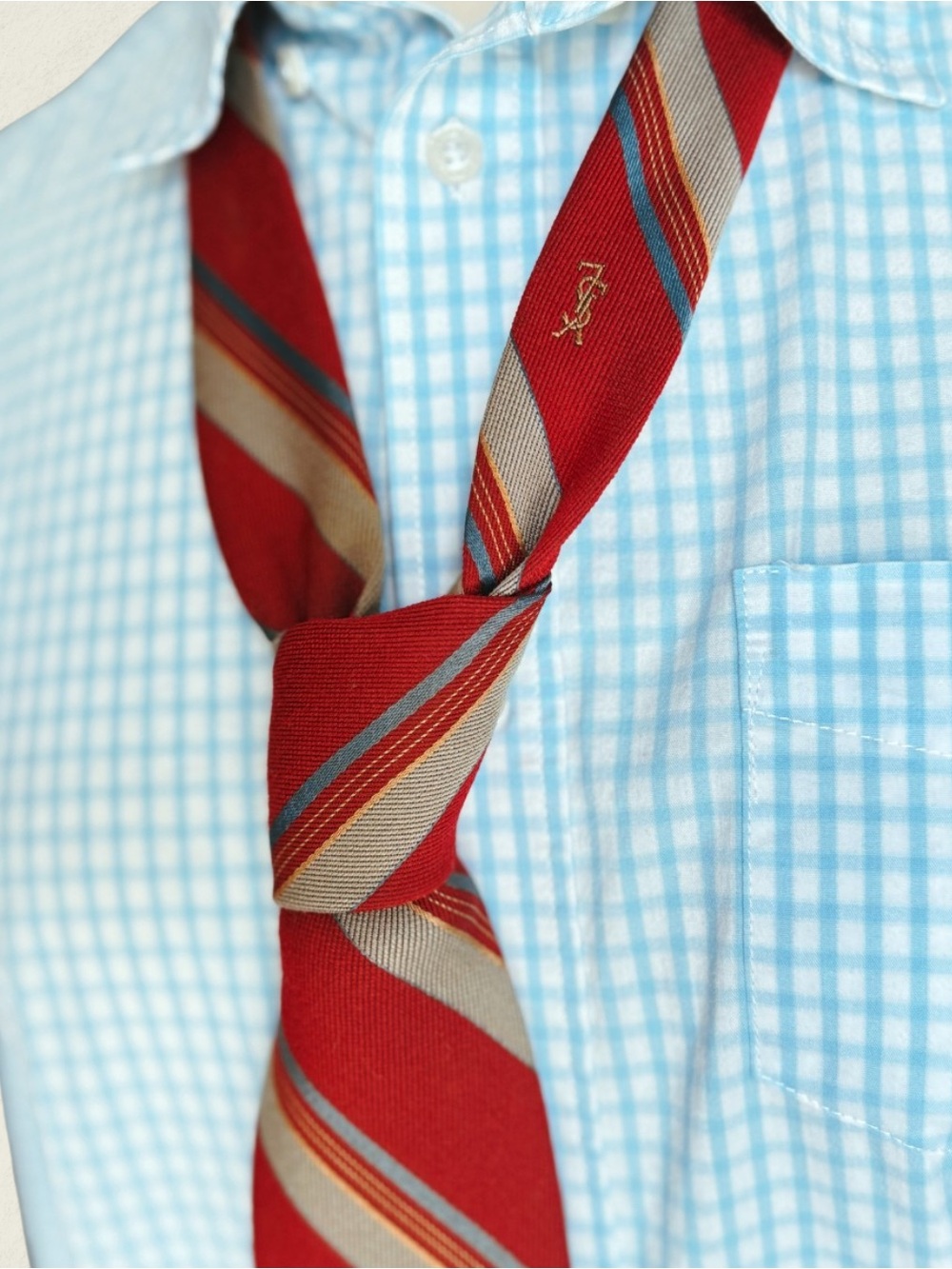 Vintage Yves Saint Laurent Repp-Stripe Embroidered YSL Monogram Regimental Tie - Picture 4 of 6